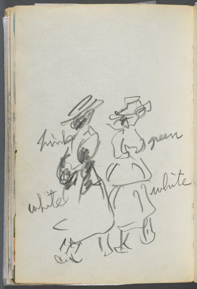 Sketchbook, The Dells, N° 127, page 144 : Deux personnages marchant avec des notations en couleur - Maurice Prendergast