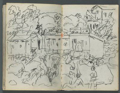 Sketchbook, The Dells, N° 127, page 146  147 : Paysage avec personnages et bâtiments - Maurice Prendergast