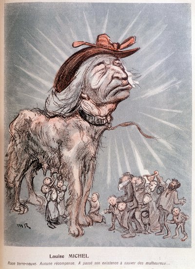 Caricature de Louise Michel en chien « race terre-neuve, sans récompense, a passé son existence à sauver les malheureux » - Maurice Radiguet