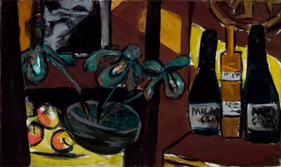Nature morte sur brun et jaune (bouteilles de champagne et orchidées) - Max Beckmann