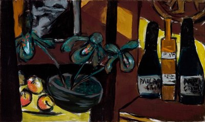 Nature morte sur fond brun et jaune (bouteilles de champagne et orchidées) - Max Beckmann