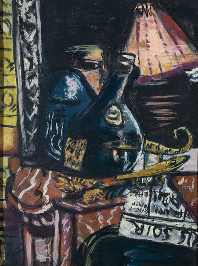 Nature morte avec bouteille de schnaps de travers et Bouddha - Max Beckmann