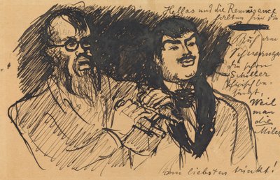 Trois caricatures de Lenbach : a) portrait en buste (esquissé) ; b) figure entière ; c) avec Stuck - Max Slevogt