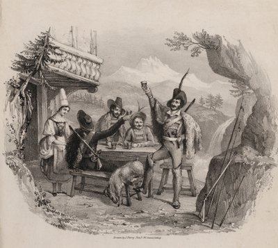 Chasseurs dans les montagnes buvant dans une taverne (gravure) - Maxim Gauci