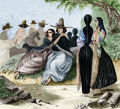 Femmes de Lima au Pérou, gravure du voyage de Radiguet à Lima dans les années 1840, document colorisé - Maximilien Radiguet