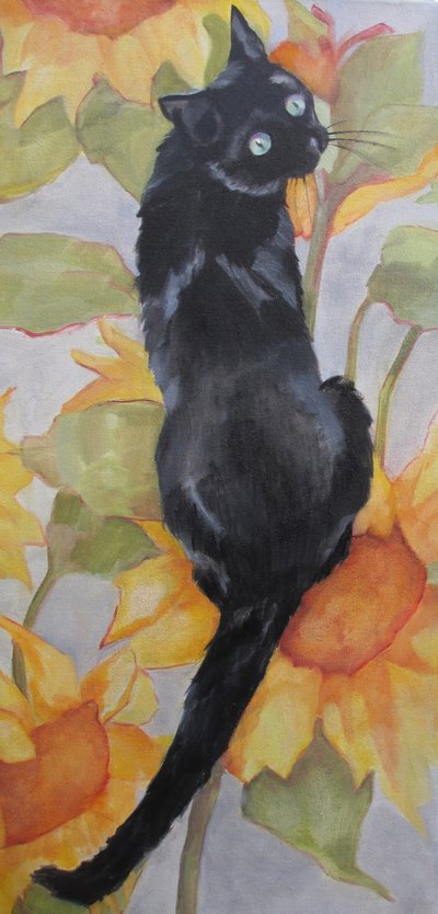 Un chat noir parmi les tournesols - Maxine Shore