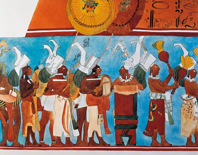 Reconstruction des fresques de Bonampak montrant une procession de musiciens - Mayan