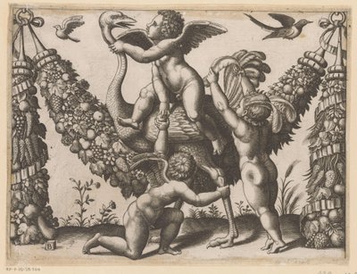 Trois putti et une autruche (Tapisserie du pape) - Meester van de Dobbelsteen