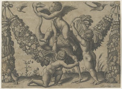 Trois putti avec une autruche - Meester van de Dobbelsteen