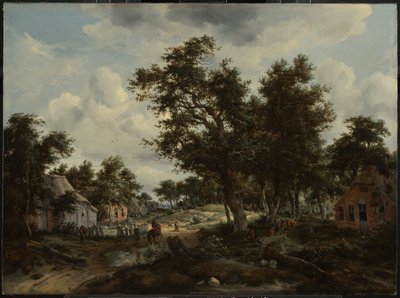 Paysage boisé avec des voyageurs sur un chemin à travers un hameau - Meindert Hobbema