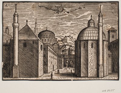 3 mosquées, chacune avec 1 minaret; dans le ciel un dragon volant avec une longue queue - Melchior Lorck