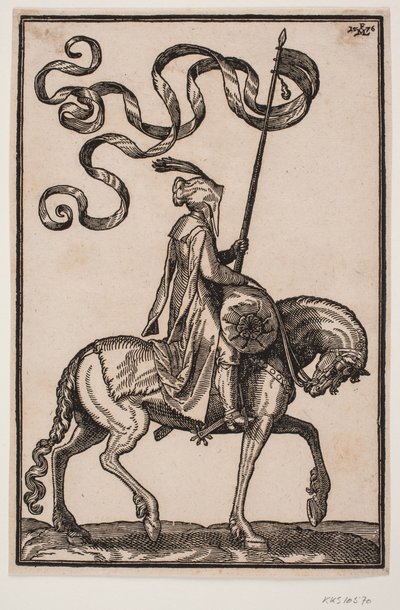 Porte-étendard à cheval, profil vers la droite; l
