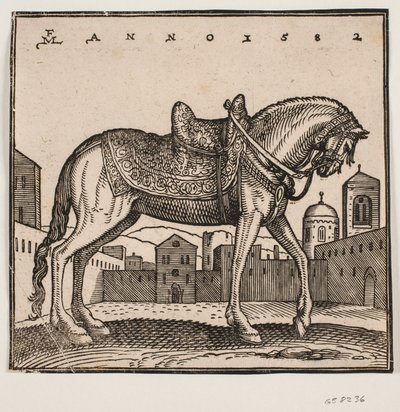 Cheval élégamment sellé, profil vers la droite, sur une place rectangulaire - Melchior Lorck