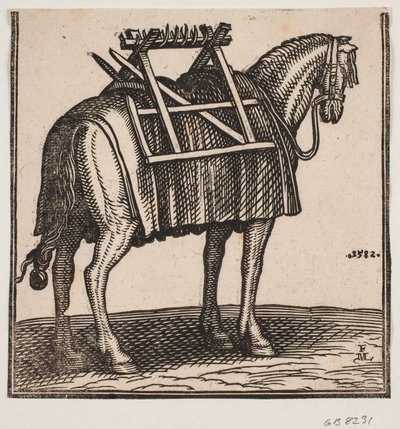 Un cheval de bât encore non chargé avec un cadre de portage sur le dos, vu en diagonale de derrière vers la droite. - Melchior Lorck