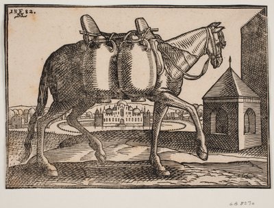 Cheval, profil vers la droite; sur son côté visible pendent deux récipients en céramique; devant le cheval un puits carré avec un toit pointu, derrière le cheval un château avec des créneaux et des coupoles, entouré d