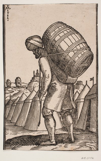 Homme portant un tonneau sur le dos, dans un campement - Melchior Lorck