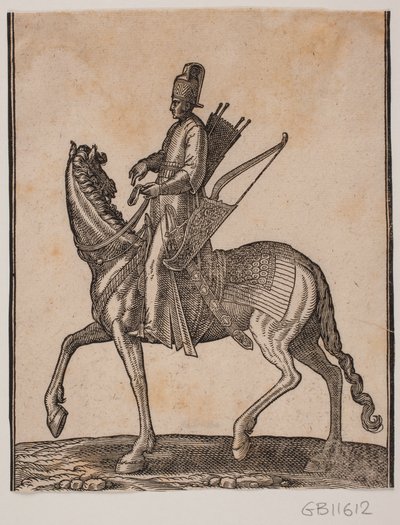 Soldat monté, profil vers la droite; il porte son épée et son arc à son côté gauche et le carquois à son côté droit - Melchior Lorck