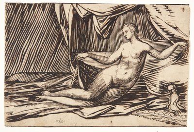 Femme nue allongée sous une draperie en forme de tente - Melchior Lorck