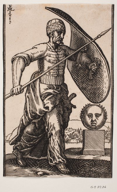 Soldat marchant vers la droite; sur le bras gauche un bouclier courbe, dans la main droite une lance; à droite un socle avec une tête sphérique vue de face; au loin derrière la tête une ville au bord de l