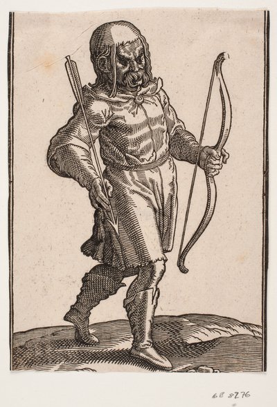 Soldat marchant vers la droite; bottes et tenue courte; tenant un arc dans la main gauche et une flèche dans la main droite - Melchior Lorck
