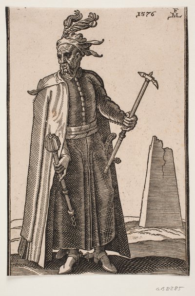 Soldat en cape debout, vu de face; une massue de guerre dans la main droite, un marteau de guerre dans la main gauche; éperons aux talons - Melchior Lorck