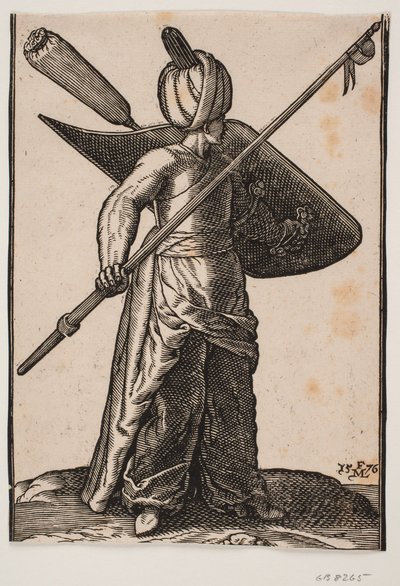 Soldat debout, tourné vers la droite; portant un turban, une lance levée avec une bannière sous la pointe dans la main droite; un bouclier avec une plume enroulée de tissu sur le bras gauche - Melchior Lorck