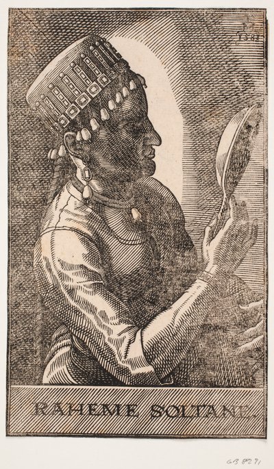 Portrait de sultane, se mirant, profil vers la droite : RAHEME SOLTANE - Melchior Lorck