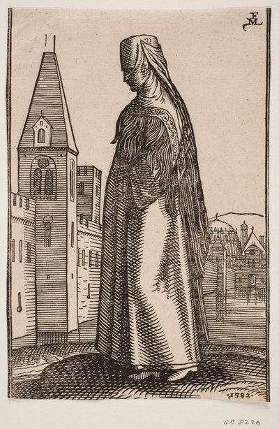 Femme voilée marchant, profil vers la gauche; devant elle, un mur de ville avec des tours s