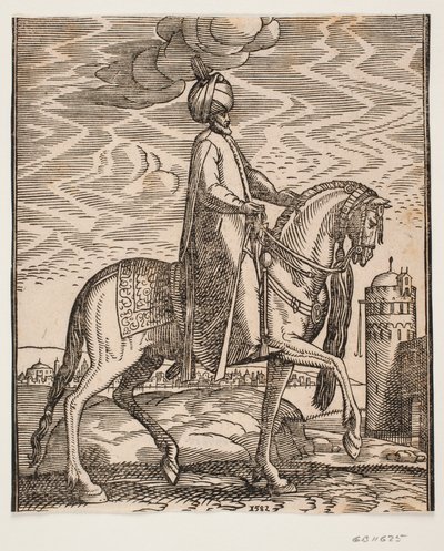 Cavalier en turban, avec une massue pendue au côté droit du cheval; profil vers la droite; sur le côté droit de l