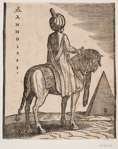 Cavalier portant un turban, non armé, vu de biais par derrière; à droite en arrière-plan une pyramide - Melchior Lorck