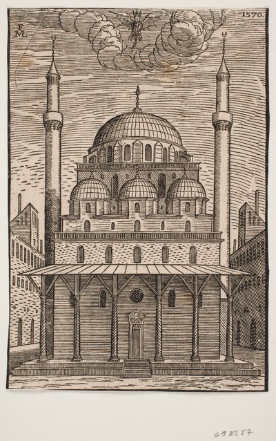 Mosquée non identifiée avec un diable en forme de dragon planant au-dessus - Melchior Lorck