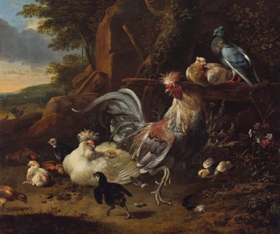 Coq, poules et autres volailles dans une cour - Melchior d