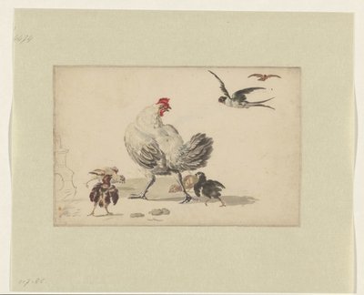 Deux hirondelles et une poule avec quatre poussins - Melchior d