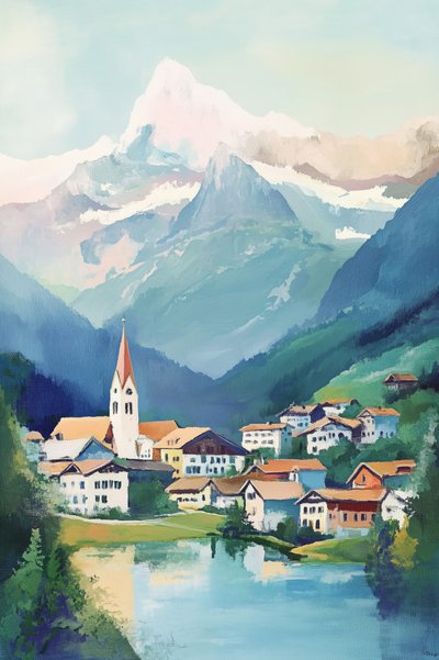 Village alpin au bord du lac - Melloi Art Prints