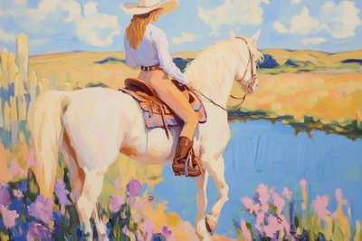 Une cow-girl sur un cheval blanc - Melloi Art Prints