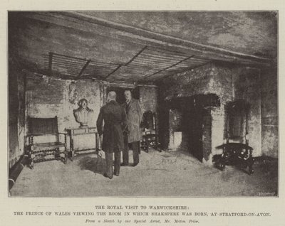 La visite royale dans le Warwickshire, le prince de Galles visitant la chambre où Shakspere est né, à Stratford-on-Avon - Melton Prior