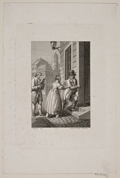 Illustration avec une femme arrêtant un homme à une porte tandis qu