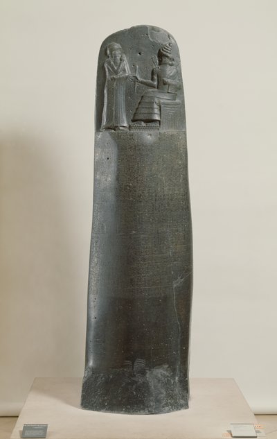 Code de Hammurabi : le dieu Shamash dictant ses lois à Hammurabi, roi de Babylone, trouvé à Suse, Iran, vers 1750 av. J.-C. - Mesopotamian
