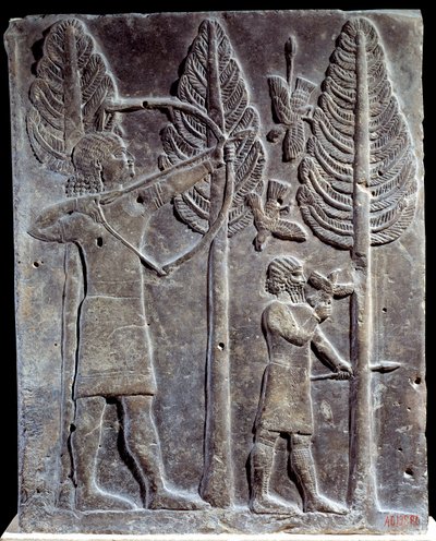 Scène de chasse aux oiseaux. Bas-relief en albâtre du Palais de Sargon II, roi d