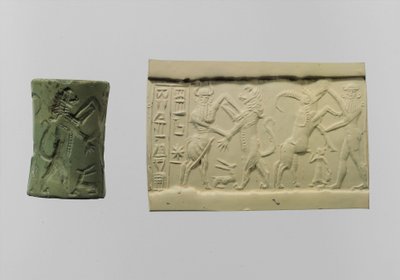 Sceau cylindrique de combat avec impression moderne vers 2250-2150 av. J.-C. (albite) - Mesopotamian Mesopotamian