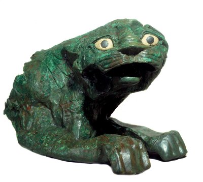 Mésopotamie : statue en bronze et lion en calcaire, gardien du temple de Dagan - Mesopotamian Mesopotamian