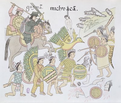 Bataille de Michoacán entre les Espagnols et les Aztèques, illustration d