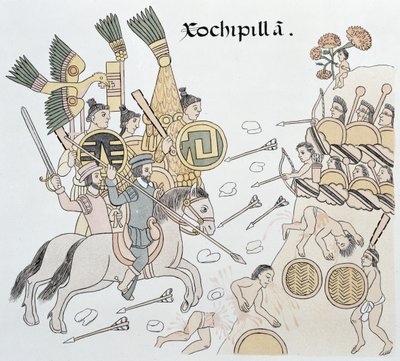 Bataille de Xochipilla entre les Espagnols et les Aztèques, illustration d