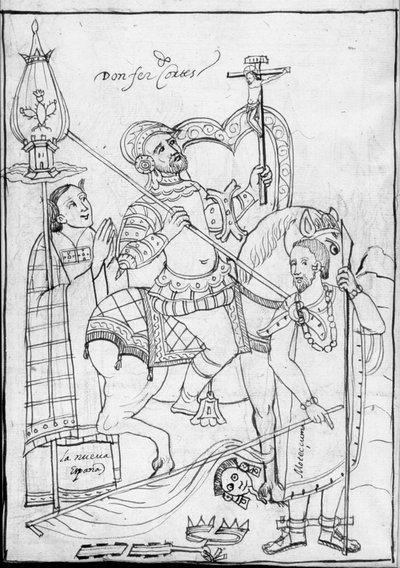 MS Hunter 242 f.246v, Cortes à cheval, debout sur le roi aztèque Moctezuma vaincu, illustration de l