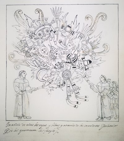 Frères franciscains brûlant des livres et vêtements traditionnels, de Historia de Tlaxcala par Diego Muñoz Camargo - Mexican School