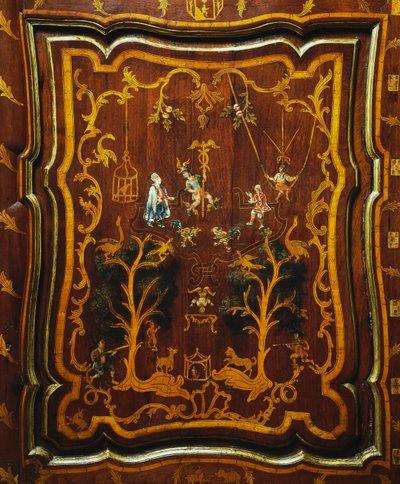 Armoire en bois de style rococo avec incrustations polychromes et base, période coloniale - Mexican School