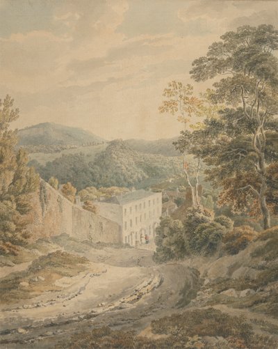 Paysage, vue en descente vers un village dominé par une grande maison en pierre à trois étages - Michael Angelo Rooker