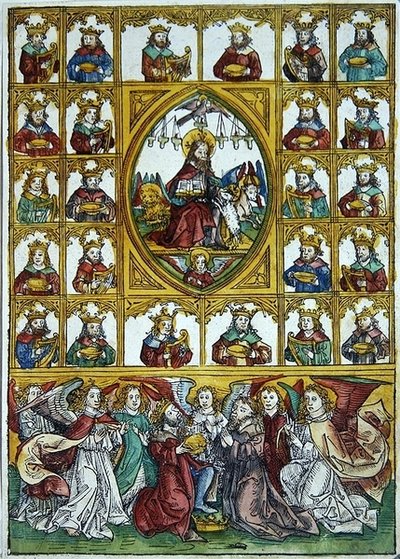 Jésus entouré des symboles des quatre évangélistes et de nombreux rois portant des harpes et des coupes en or - Michael Wolgemut or Wolgemuth