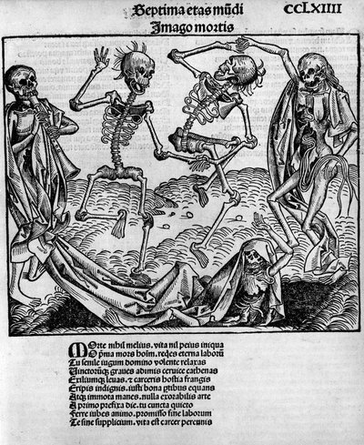 Scène de danse macabre, avec des squelettes, -dans « Chroniques de Nuremberg » par Hartmann Schedel (1440-1514), édité à Nuremberg par Anton Koberger, 12 juillet - Michael and Pleydenwurff W. (d.1494) Wolgemuth