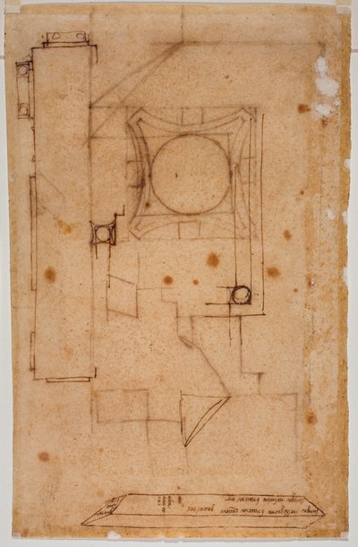 Section de chapiteau, plan de façade et croquis avec annotations autographes des mesures - Michelangelo Buonarroti